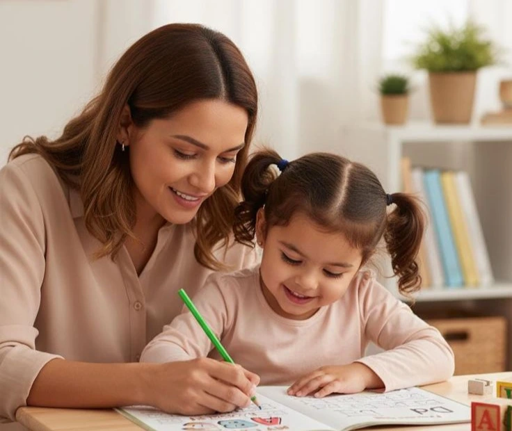 Special education teacher helping a young child with personalized learning activities to improve reading, writing, concentration, cognitive development, and academic skills at Care & Cure Wellness Center in Lahore.